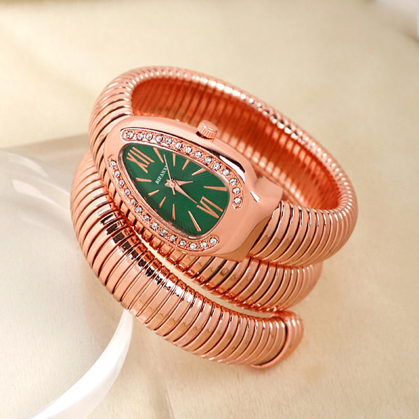 BIFANXI Slangeformet Ur, Dame Mode Armbåndsur, Kreativt Quartz Ur rosa guld, grön urtavla
