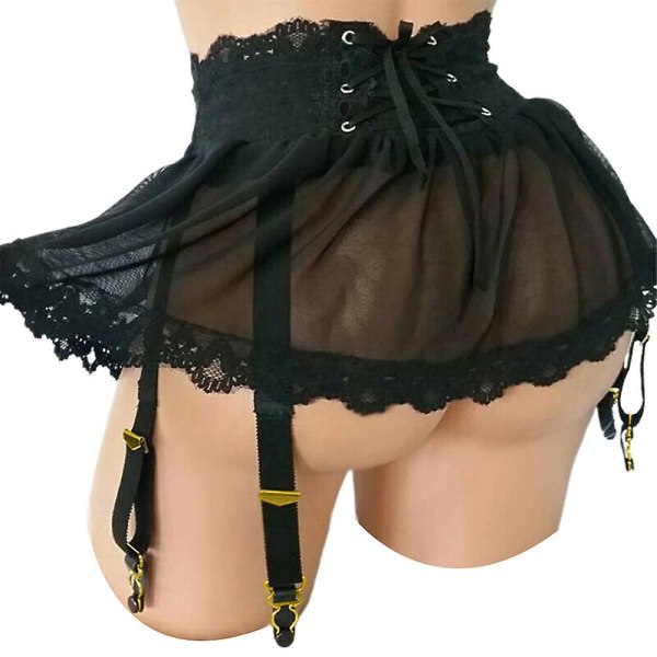 Dam Sexiga underkläder Sheer Kjol Remmar Snörning Mini Kjol Black 2XL