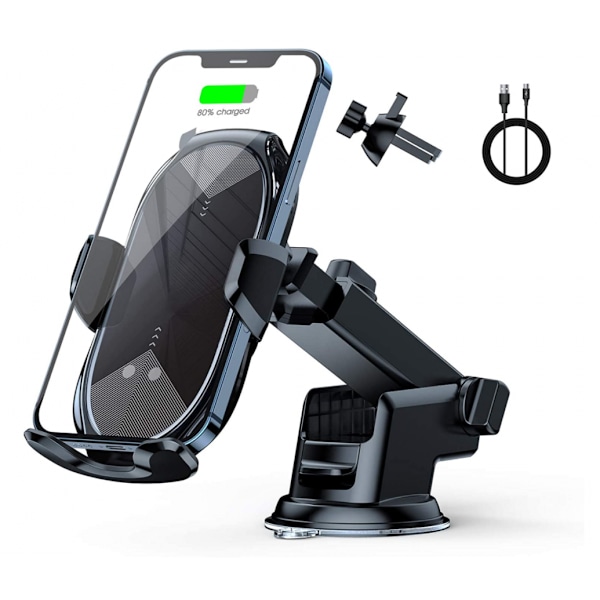 Selvklemmende trådløs bilopladerholder - 10W Qi telefonholder (sort)
