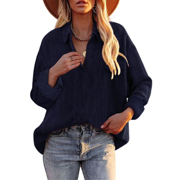 Dame Fløjlsbluse Langærmet Skjorte Oversized Jakke Toppe Løs Revers Bluse Efterårsudvalg Purplish Blue XXXL