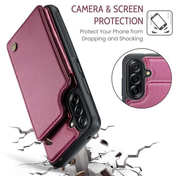 (For Samsung A56 5G) PU Leather Wallet Case with RFID Protection and Stand Function, 5 Card Slots, Double Magnetic Clasp röd