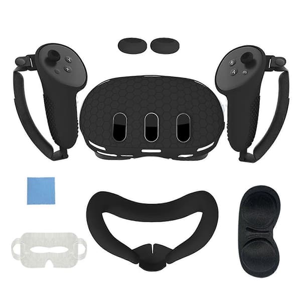 7 stk. VR-tilbehørssæt til Oculus/Meta Quest 3, frontbeskyttelsesdæksel til headset, controller-grebsovertræk, linsebeskyttelse, ansigtsmaske, joystick-hætter Black