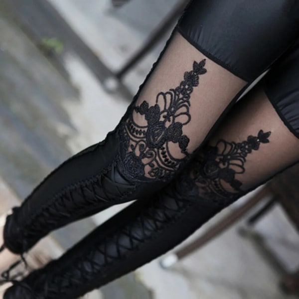 Snygga sexiga kvinnor konstläder Gothic Punk Leggings Byxor Spets Skinny niopunktsbyxor Läderbyxor Bältsimitation A2E9 BLACK One Size