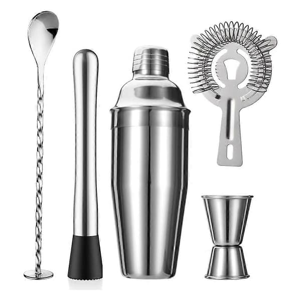 5-Dels Cocktail Shaker Sett Sil Jigger T-Mikseskje Muddler Bartender Kit Rustfritt Stål Barsett Silver
