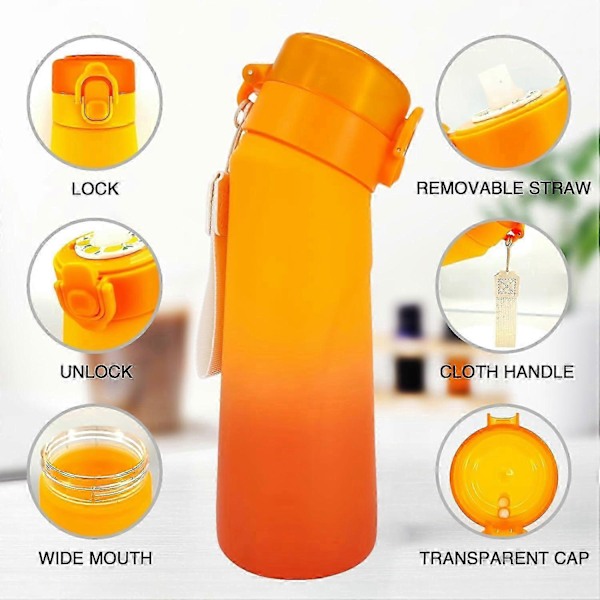 Luft Vandflaske med 5 Smagspuder, 750 ml Sports Luft Vandflaske med Sugerør, Lækagesikker Drikkeflaske med Frugtsmag til Udendørs Brug (LGL) Gradient Orange