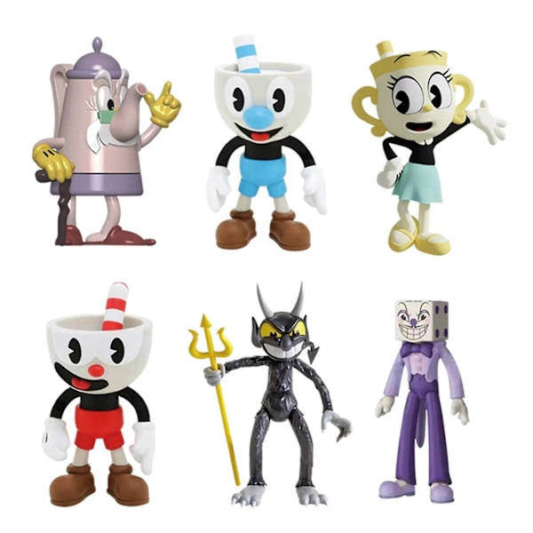 6 st Cuphead Mugman Mecup Brocup Anime Figur Spel Leksaker Set Staty Modell PVC Docka Tårtdekoration