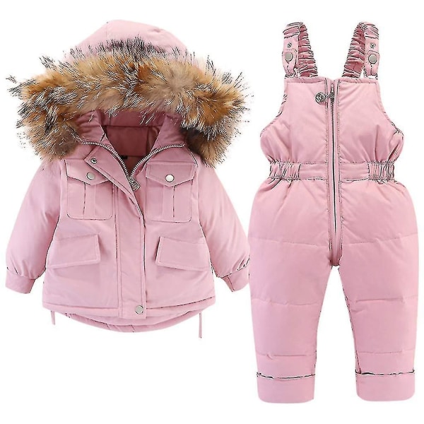 Baby dunjacka och dunbyxor 2st, flickor pojkar vinterkappa med huva barn skiddräkter Pink 110cm