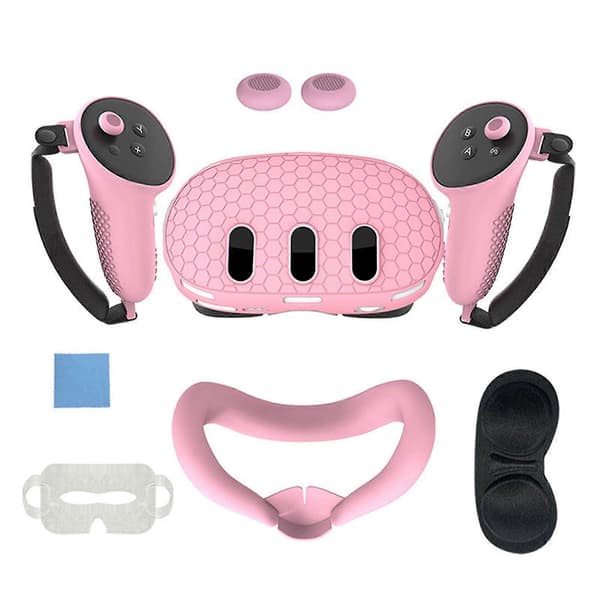 7 stk. VR-tilbehørssæt til Oculus/Meta Quest 3, frontbeskyttelsesdæksel til headset, controller-grebsovertræk, linsebeskyttelse, ansigtsmaske, joystick-hætter Pink