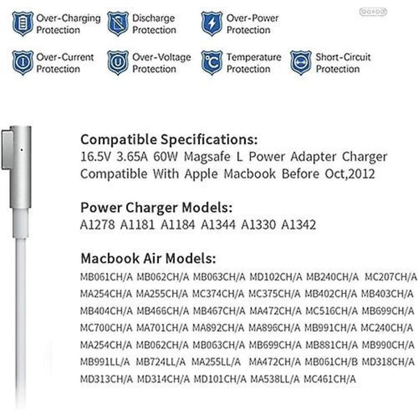 Macbook-laddare 60w L-typ Laddningskabel Macbook Pro - power kompatibel med Macbook Pro 13 A1278 (2010, 2011, mitten av 2012)