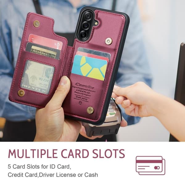 (For Samsung A56 5G) PU Leather Wallet Case with RFID Protection and Stand Function, 5 Card Slots, Double Magnetic Clasp svart