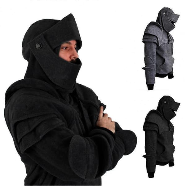 Herre Genser Ensfarget Frontlomme Pullover Hettegenser Middelalderstil Ansiktsdeksel Hette Ridder Genser Halloween Klær Grey XL