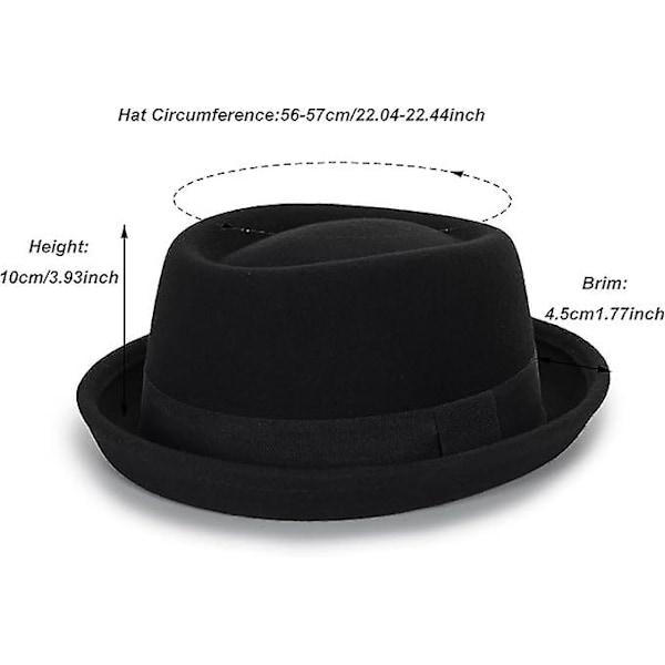 Herrhatt Platt Topp Porkpie Hatt Blower Hattar, Svart Ullhatt Med Band