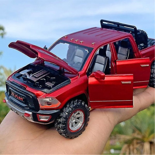 1: 32 Imiterad legering Dodge Ram Pickup Truck modell med reservdäck ljud och ljus returleksak för barns födelsedag Red