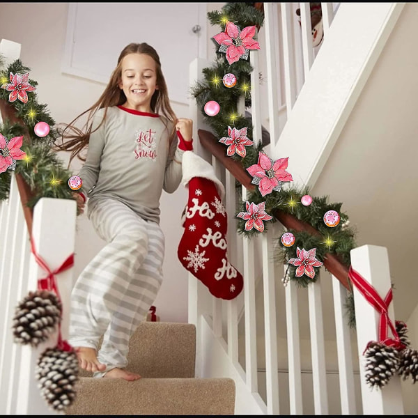 9ft Pre Lit julgirland med ljus Dörrkrans Xmas Öppen spis Dekor Led Pink