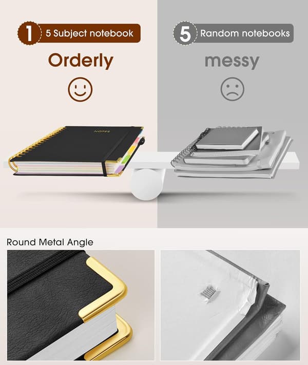 Hardcover Spiral Notebook with Movable Tabs, 300 Pages Leather 5-Subject Notebook Lined, 20x25 cm Large B5 Notebook