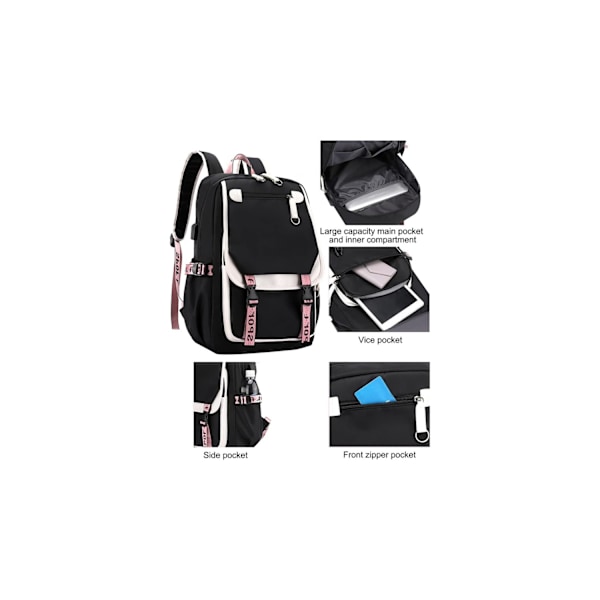 Liveasy21LS Pige Rygsæk Mellemskole Elevtaske med USB Opladningsport - Blå Sort black, white Backpack