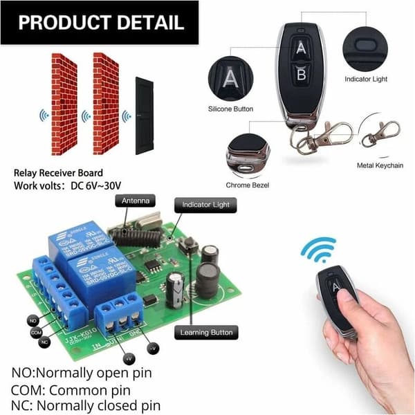 {YM}Secure Remote Control Switch DC 12V Wireless 433MHz RF 10A Relay Receiver with 2 Transmitters, for Motor, Light, Gate Door, DIY Controller