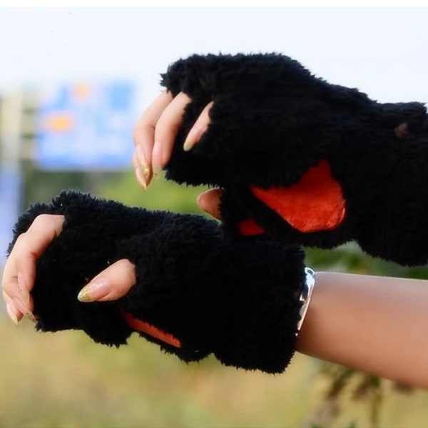 Kattasshandskar Vinter Söta Tecknade Kattflicka Öppna Fingerhandskar Förtjockade Fluffiga Björntass Halvfingerhandskar Orange One Size