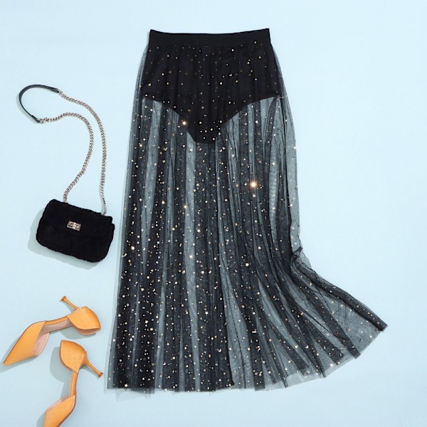 2 i 1 Galaxy Mesh Kjol Maxi Kjol SVART XL XL Svart