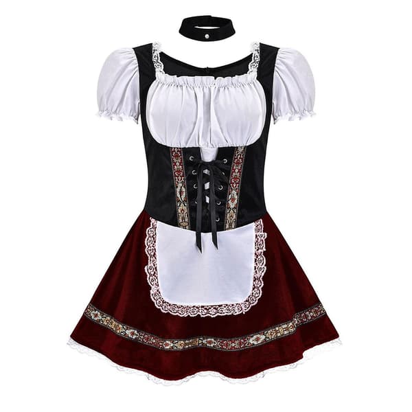 Bayersk Dirndl Klänning för Kvinnor, Oktoberfest Ölserveringsdräkt S-4X Black  White L