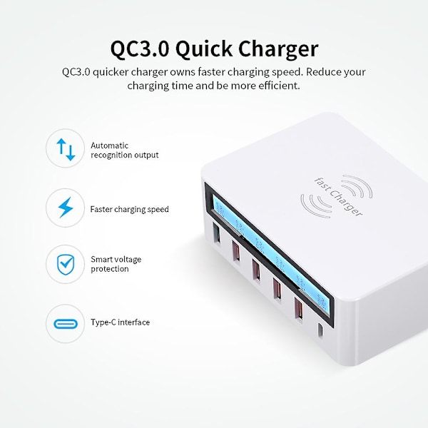 Älykäs latausasema 6 portilla LCD USB-lataustelakka Langaton laturi yleisellä yhteensopivuudella Latausasema perhe- ja toimistokäyttöön