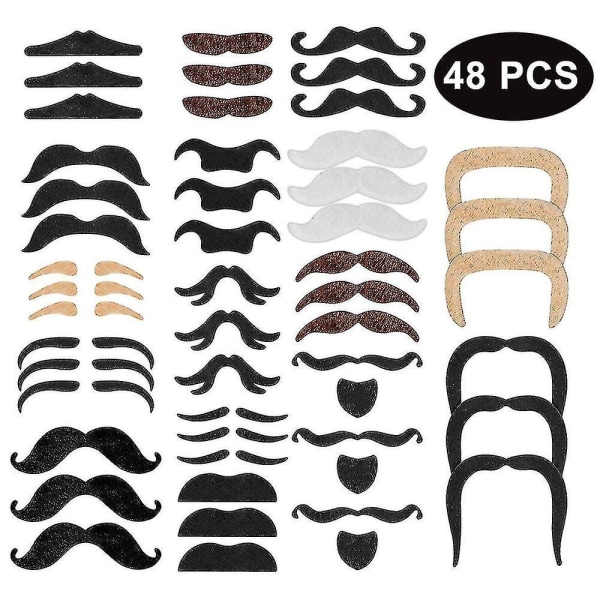 48 delar falska mustascher, självhäftande nyhet mustasch Fiesta Party 48pcs