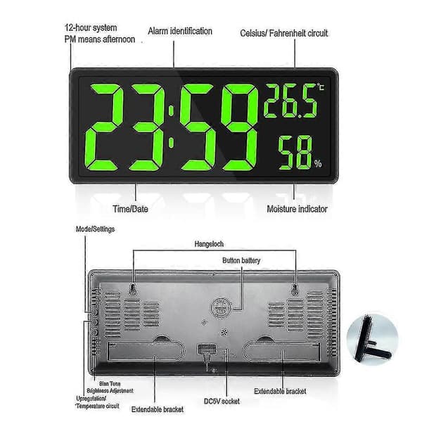 {YM}Digital klocka stor display, stor digital väggklocka med temperatur och luftfuktighet, digital väggklocka med LED-siffror för sovrum green