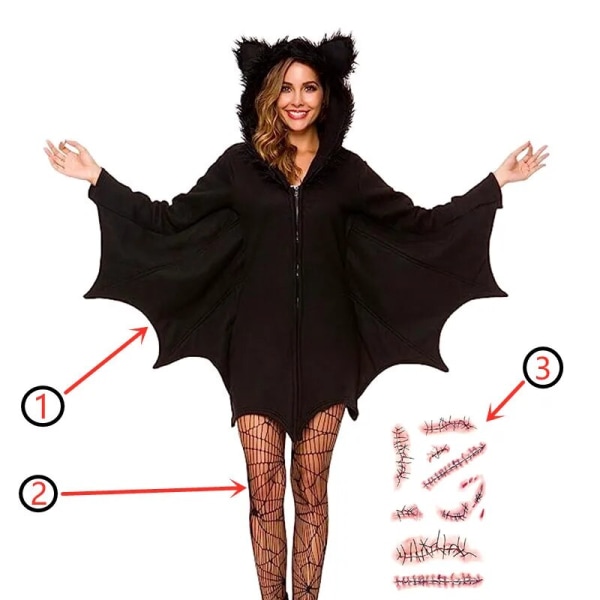 Halloween kostym för kvinnor Bat Mysig Svart Djur Vuxen Cosplay Vampyr Zipper Dress Skicka Svarta Sexiga strumpor