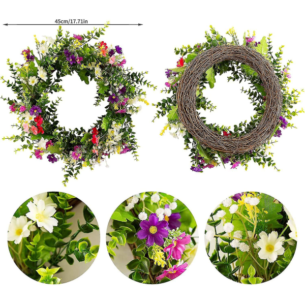 Dörrkrans 45 cm, Vår Sommar Blomsterkrans Dekoration För Ytterdörr, Hem, Fönster, Vägg, Bröllop, Festdekoration