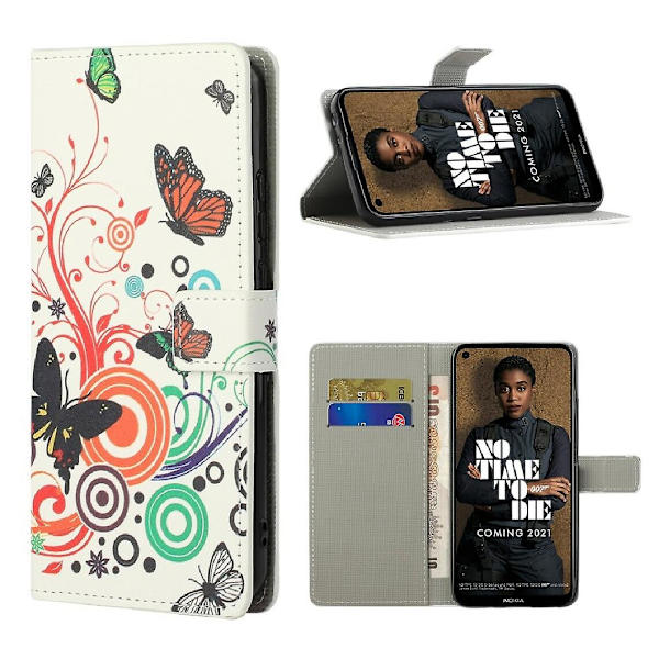 PU-fodral med mönstertryck och färgglatt fjärilsstativ för din Nokia 3.4