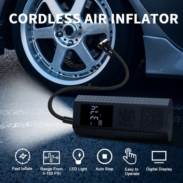 150PSI Portabel Luftkompressor med Däcktrycksmätare & LED-Display - 3X Snabbare One-Touch Smart Trådlös Däckpump, USB-driven 【Sort】