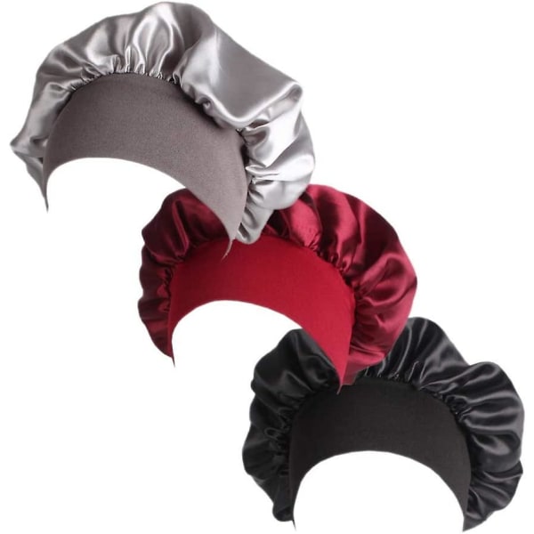 3 st Satin Bonnet Sömnhår Cap Stor duschhatt med elastiskt mjukt band Silke Cover Silkeslent hårskydd för kvinnor lockigt hår