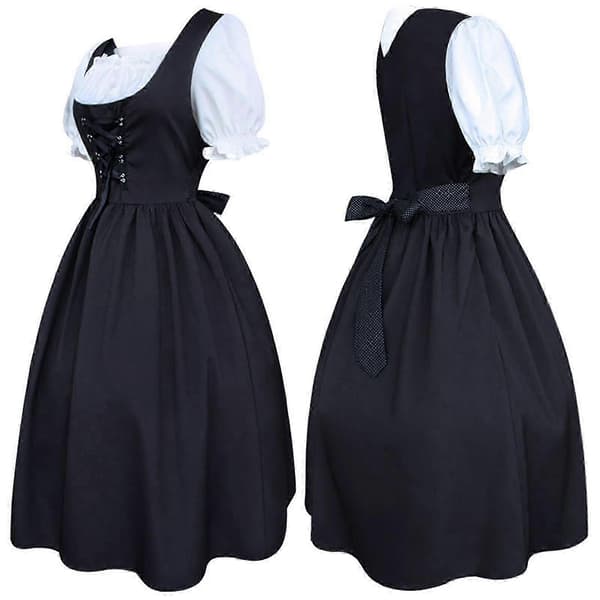 Dirndl för kvinnor, 2 delar med förkläde och blus, svartvit klassisk stil XL