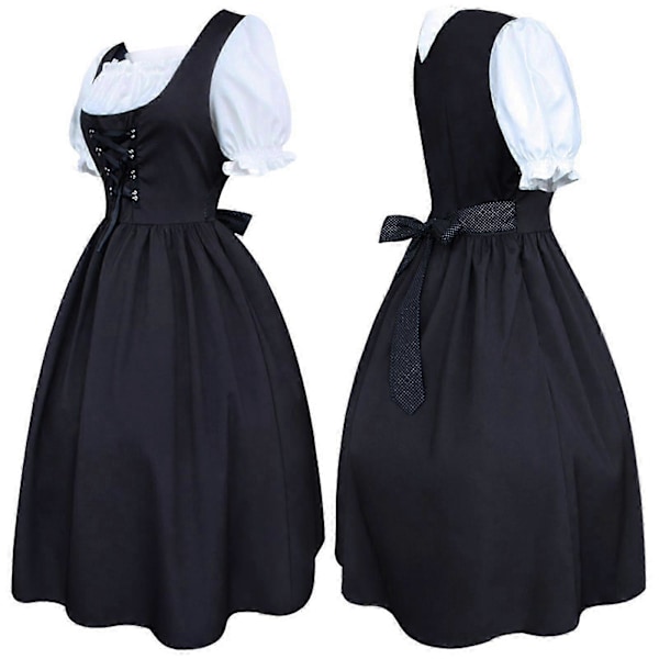 Dirndl til kvinder, 2 dele med forklæde og bluse, sort hvid klassisk stil L