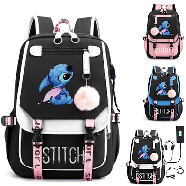 Barn Flickor Anime Stitch Studenter Usb Ryggsäck Pojkar Resväska Skolväska Svart Vit Black White 29*16*46cm