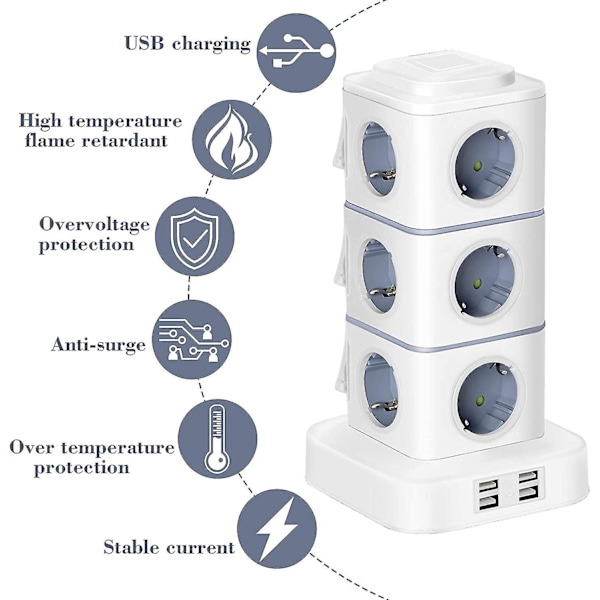 Pistorasiatorni, 12 sähköpistorasiaa (2500 W / 10 A) ja 4 USB-porttia, monipistorasiainen ylijännitesuoja, pystysuora pistorasia