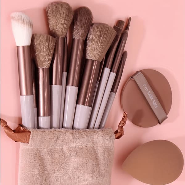 13-delars sminkborstset + 2 svampar, för ögon, foundation, concealer