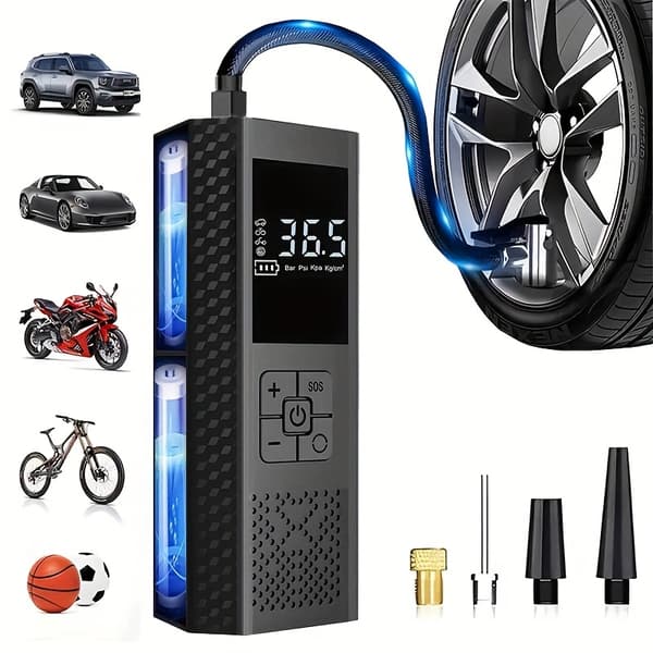 150PSI Portabel Luftkompressor med Däcktrycksmätare & LED-Display - 3X Snabbare One-Touch Smart Trådlös Däckpump, USB-driven 【Sort】