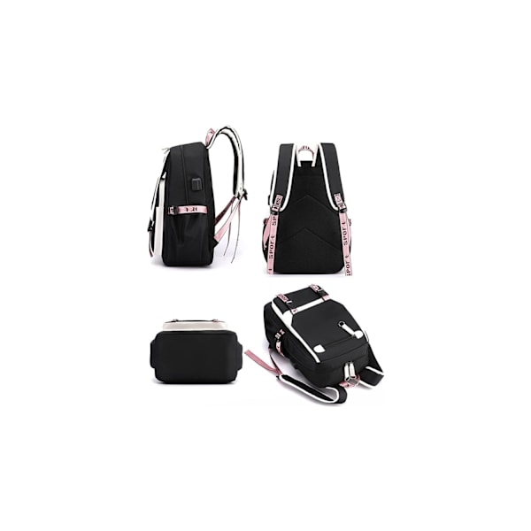 Liveasy21LS Pige Rygsæk Mellemskole Elevtaske med USB Opladningsport - Blå Sort black, white bag