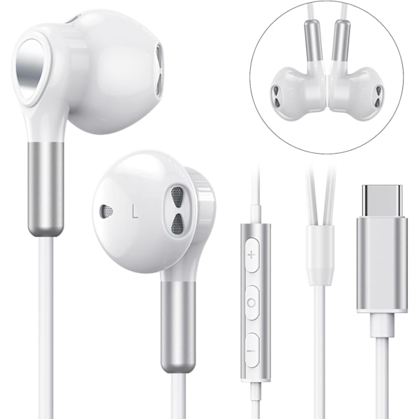 USB-C Øretelefoner til Samsung Galaxy S23 Ultra S22 S21 FE S20 A53 A54 USB-C Øretelefoner White