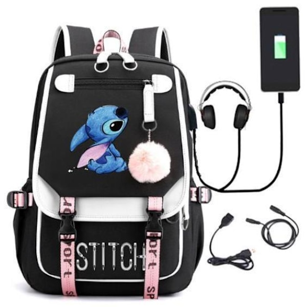 Barn Flickor Anime Stitch Studenter Usb Ryggsäck Pojkar Resväska Skolväska Svart Vit Black White 29*16*46cm