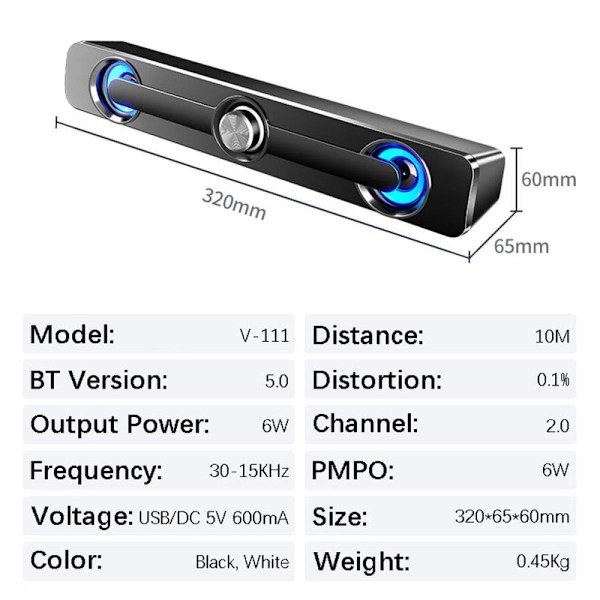 Svart Bluetooth TV Soundbar USB Datorhögtalare Dator Soundbar Laptop Högtalare Dator Subwoofer