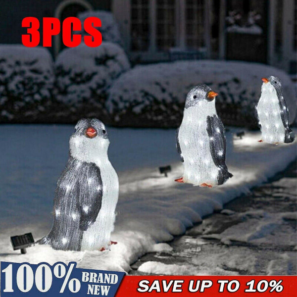 3x Christmas Penguin Acrylic Light Up Outdoor Figurines Garden Ground Lamp-dcor Colored Light