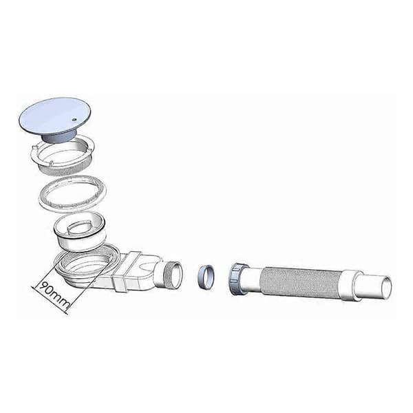 Duschbrunn extra platt 90 mm - kit med dräneringshål för duschkar, duschvattenlås med luktskydd, hårsil, flexibel