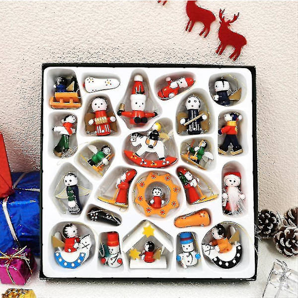 Set med 24 st Mini Julgransprydnader i Trä Premium Miniatyr