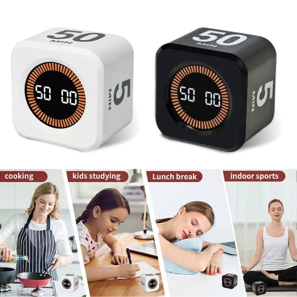 Digital Cube Pomodoro Timer - Visuell, Stille, Auto-flip, Justerbar Vibrasjon & Lydalarm White