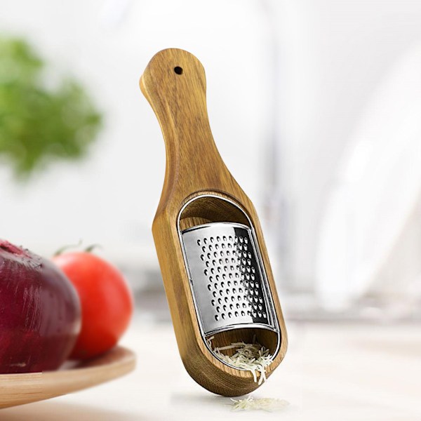 Parmesan-rivejern i rustfritt stål med beholder og bambushåndtak