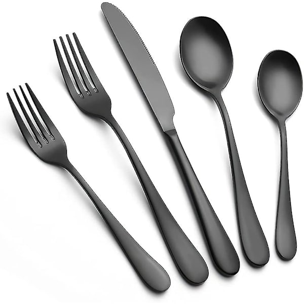 1 Sæt 5 Stk Bestiksæt Serveringssæt Mat Sort Bestiksæt, Sølvtøjssæt Tungt Massivt Rustfrit Stål Bestik Bestiksæt Middagsknive Gafler Skeer De