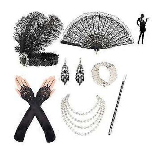 1920'er kvinders flapper tilbehør retro Gatsby kostume tilbehør sæt 20'er flapper pandebånd perlehalskæde armbånd øreringe handsker -NMAOV( D)