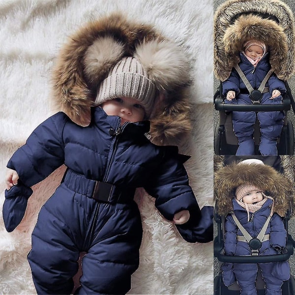 Unisex jumpsuit med huva för baby för 0-24 månader Pojkar Flickor Jumpsuit Romper med pälskrage Dark Blue 80cm